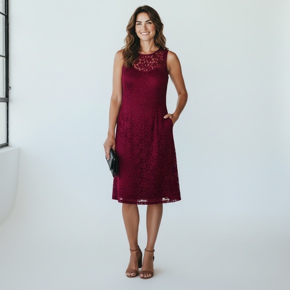White House Black Market Dresses & Skirts - Women’s Cocktail Burgundy Dress Lace Sleeveless Midi Sz 10 Holiday Party